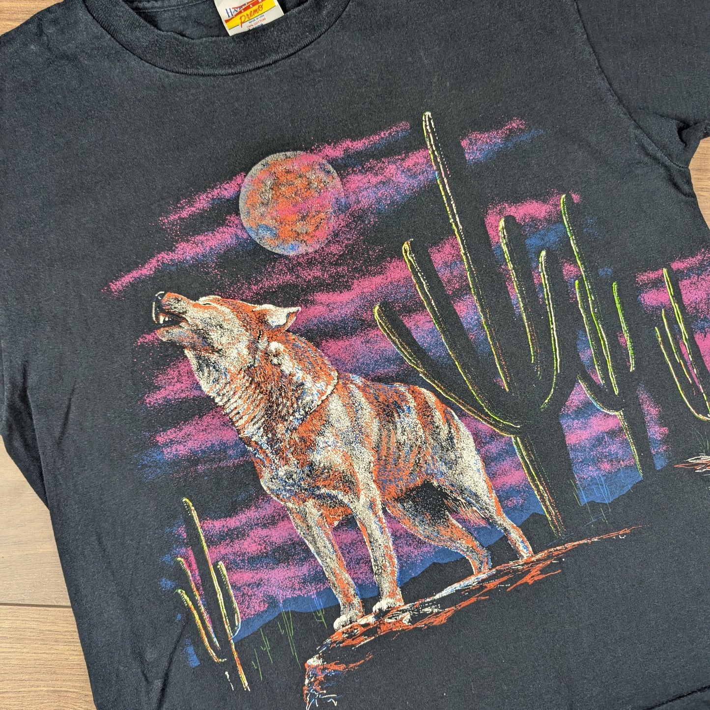 Vintage 90's Single Stitch Black Wolf Cactus Art Graphic T-shirt Size XL