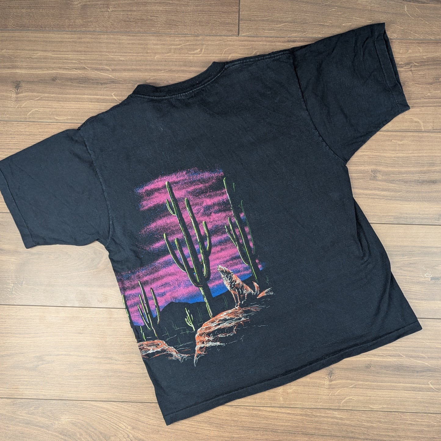 Vintage 90's Single Stitch Black Wolf Cactus Art Graphic T-shirt Size XL