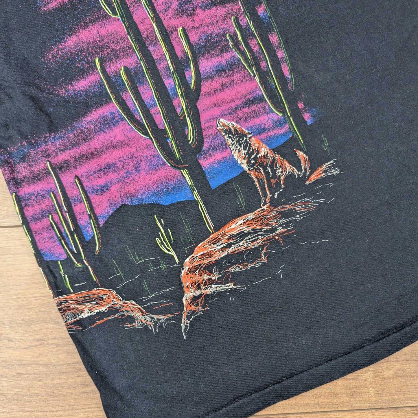 Vintage 90's Single Stitch Black Wolf Cactus Art Graphic T-shirt Size XL