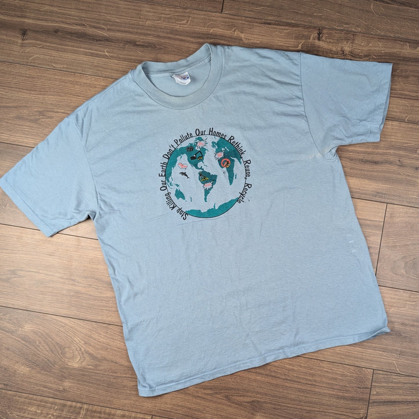 Vintage 90's Single Stitch Grey Earth Rethink Reuse Recycle T-shirt Size XL