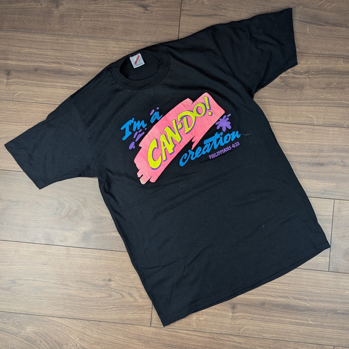 Vintage 80s Black Jerzees I'm a Can-do Creation Philippians 4:13 T-shirt Size L