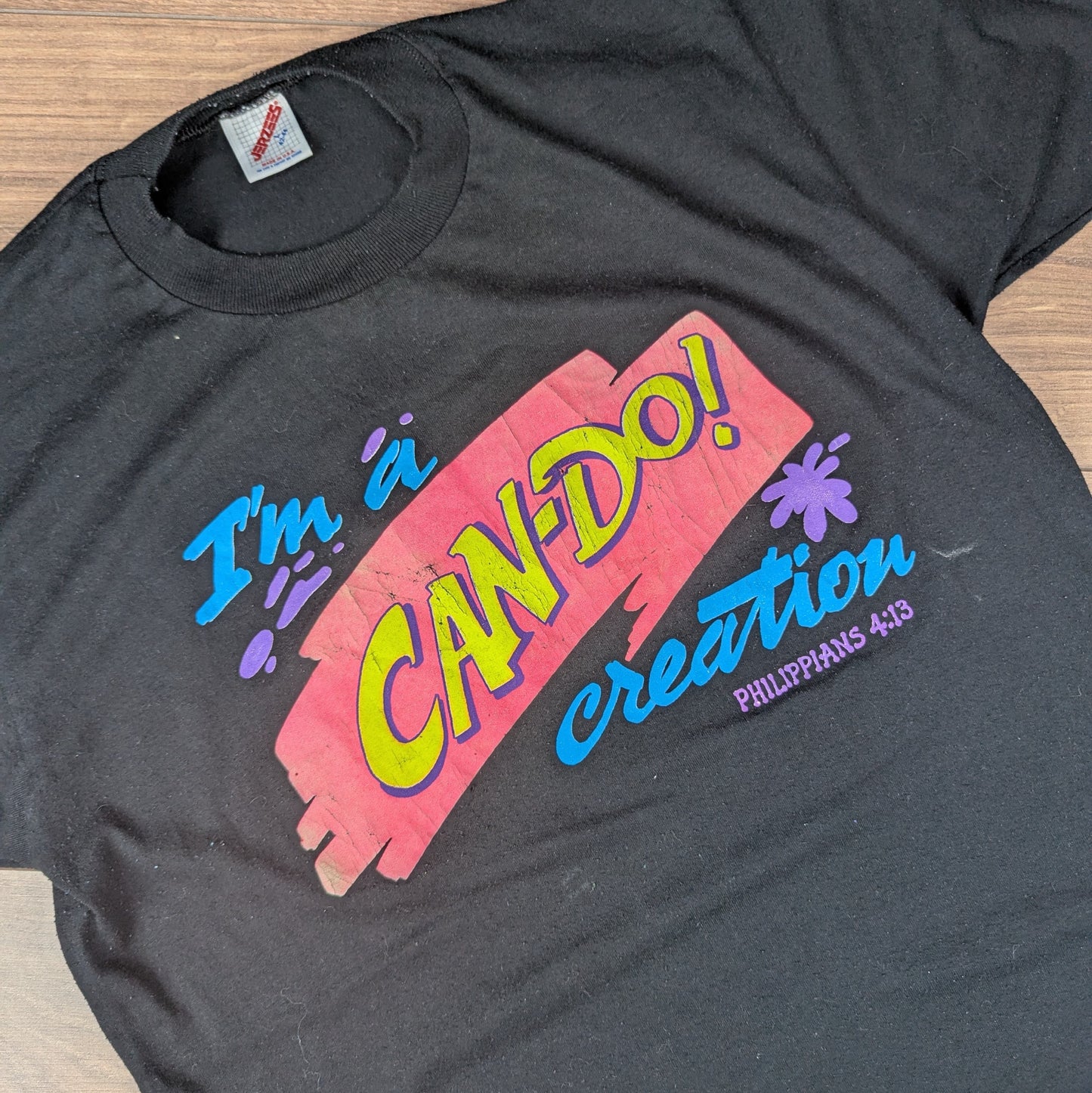 Vintage 80s Black Jerzees I'm a Can-do Creation Philippians 4:13 T-shirt Size L