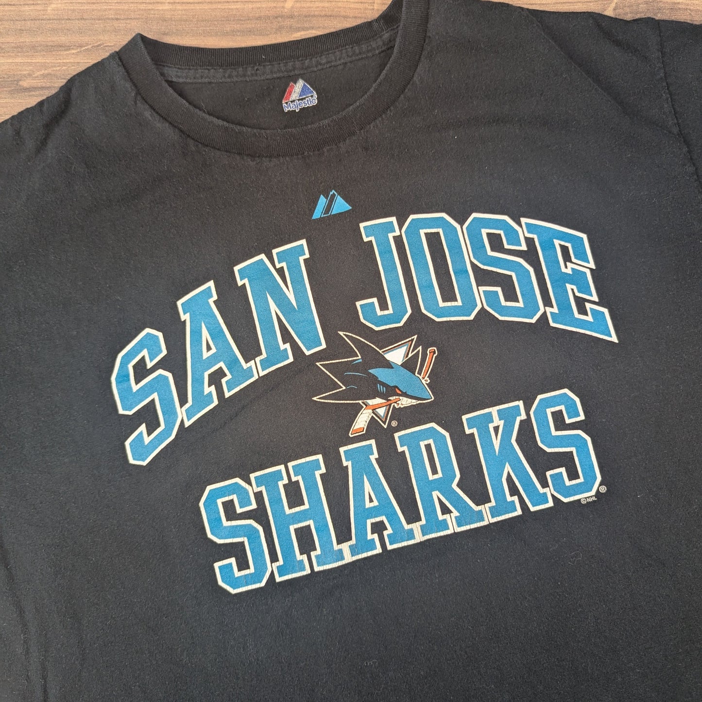 Black Majestic NHL San Jose Sharks Hockey Graphic T-Shirt Size L