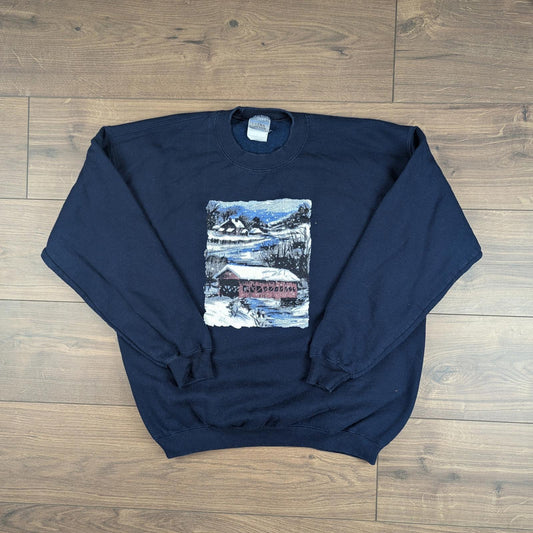 Navy 00's Vintage Graphic Winter Christmas Jumper Sweatshirt Size L