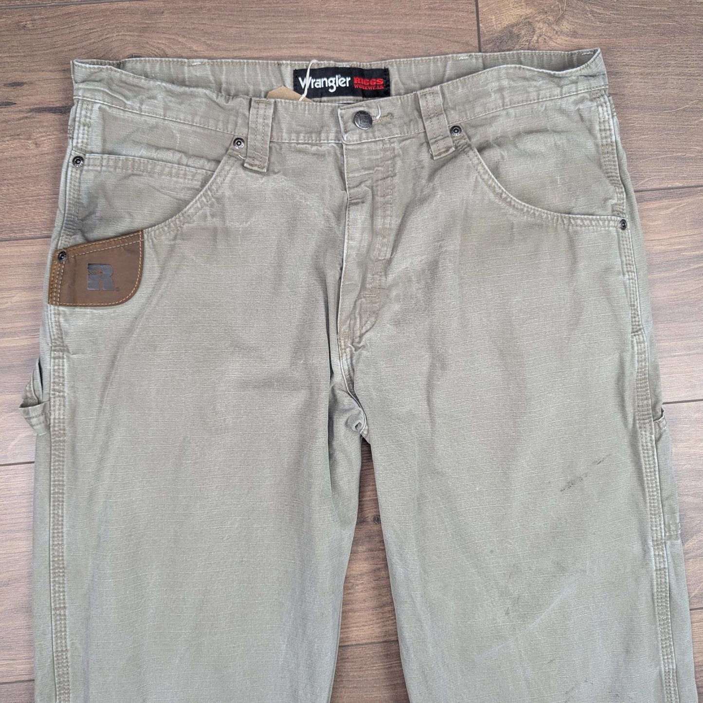 Khaki Vintage Wrangler Riggs Workwear Carpenter Pants Baggy Cargo W35 L30