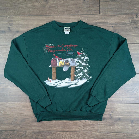 90s Vintage Graphic Seasons Greetings Christmas Jumper Sweatshirt Size L