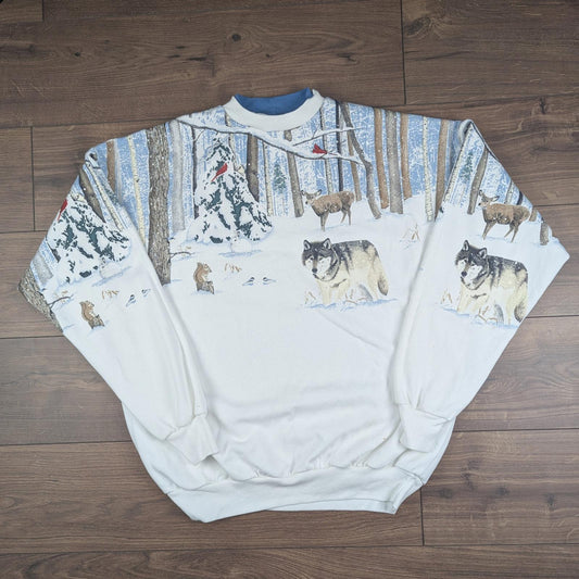 White Wolf Deer Winter Scene Vintage Christmas Jumper Sweatshirt Size XXL