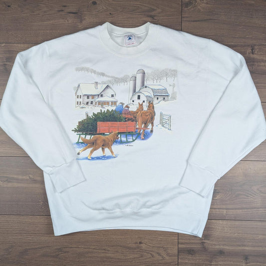 90's Vintage Delta Graphic White Christmas Jumper Sweatshirt Size L