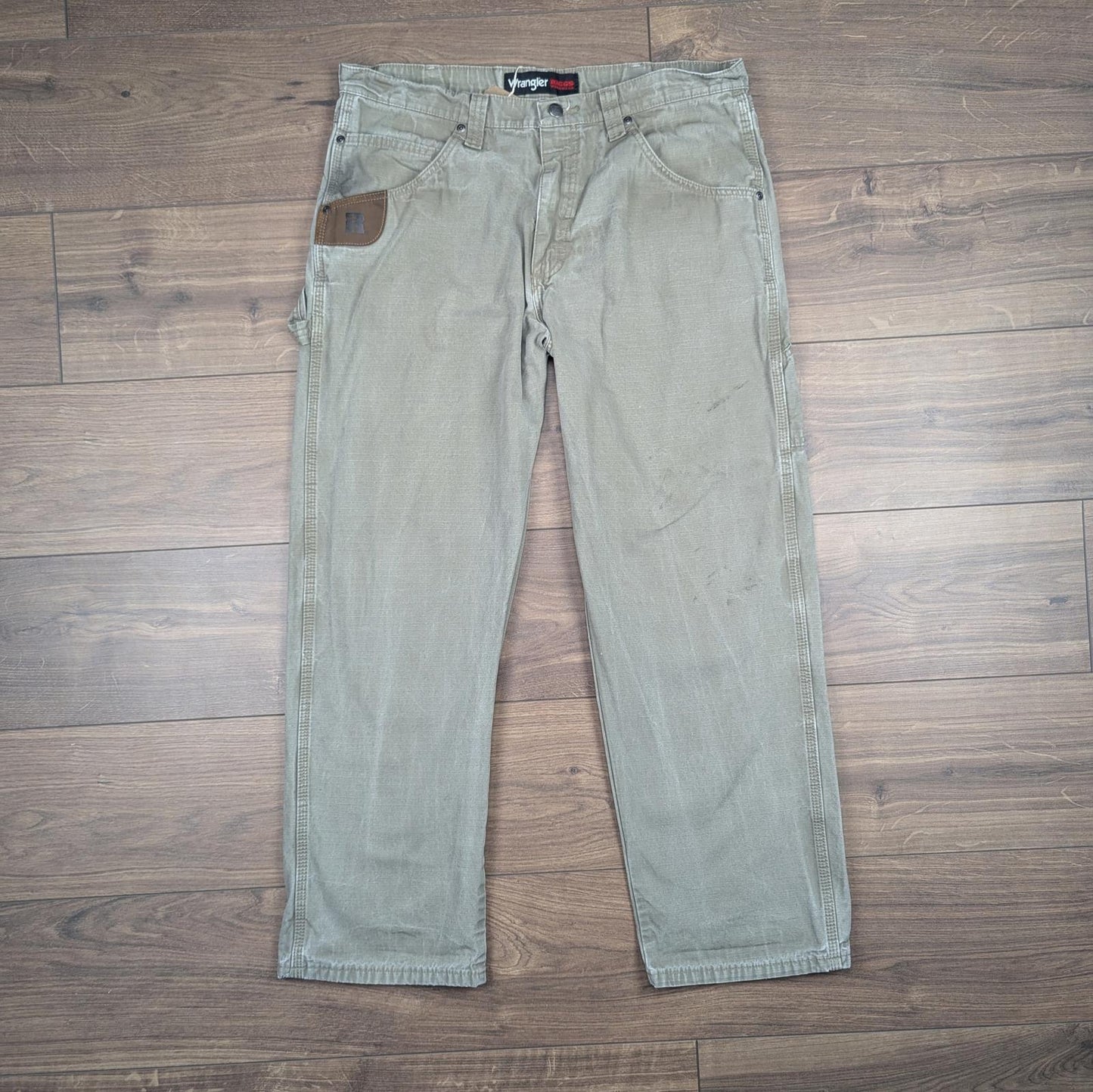 Khaki Vintage Wrangler Riggs Workwear Carpenter Pants Baggy Cargo W35 L30