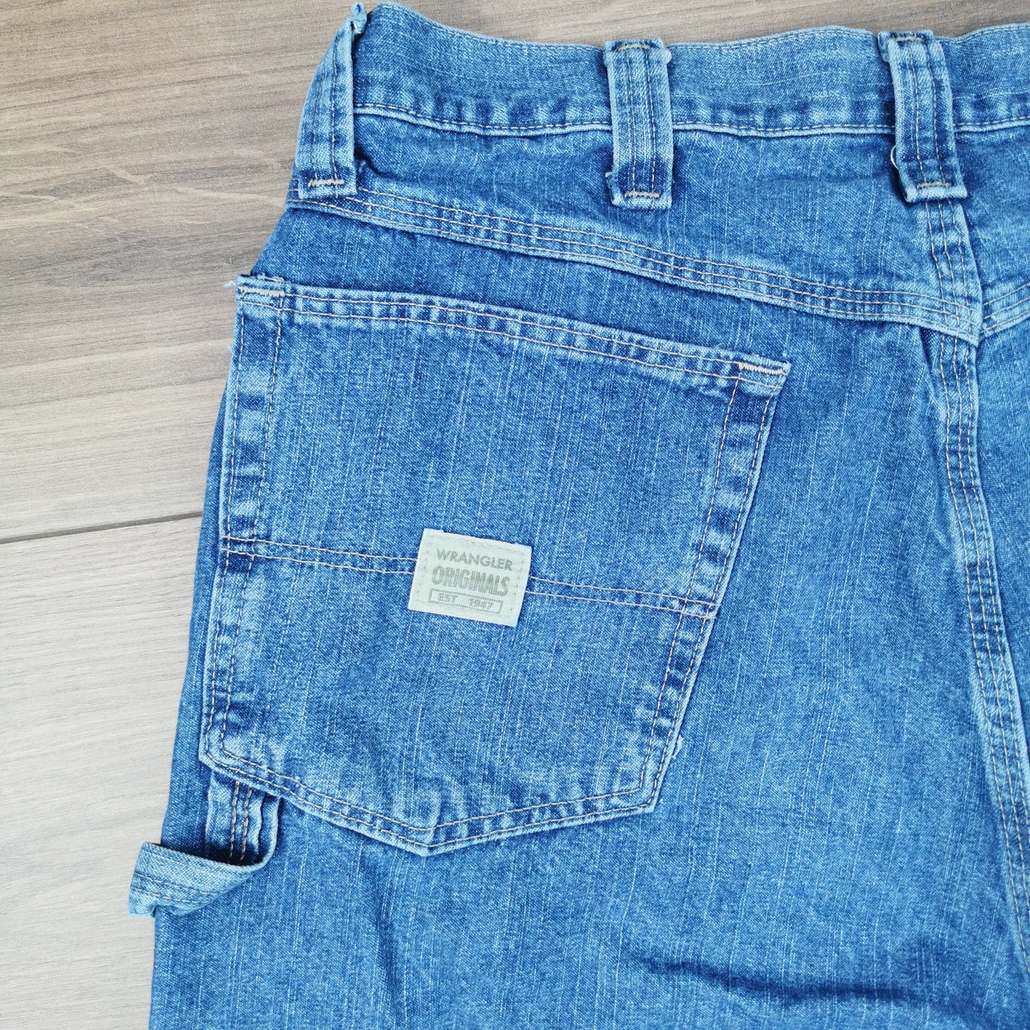 Vintage Wrangler Blue Denim Jean Shorts Jorts Carpenter Cargo Utility W36