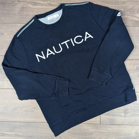 Nautica Sailing Navy Blue/White Embroidered Spellout Logo Sweatshirt Men's L
