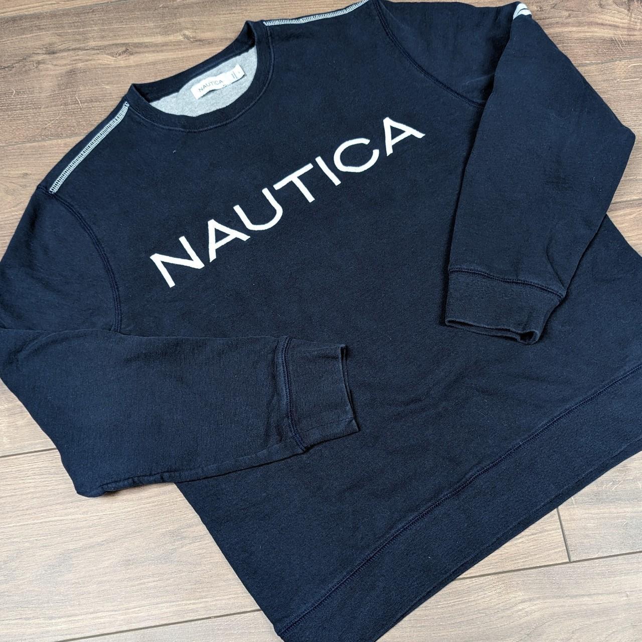 Nautica Sailing Navy Blue/White Embroidered Spellout Logo Sweatshirt Men's L