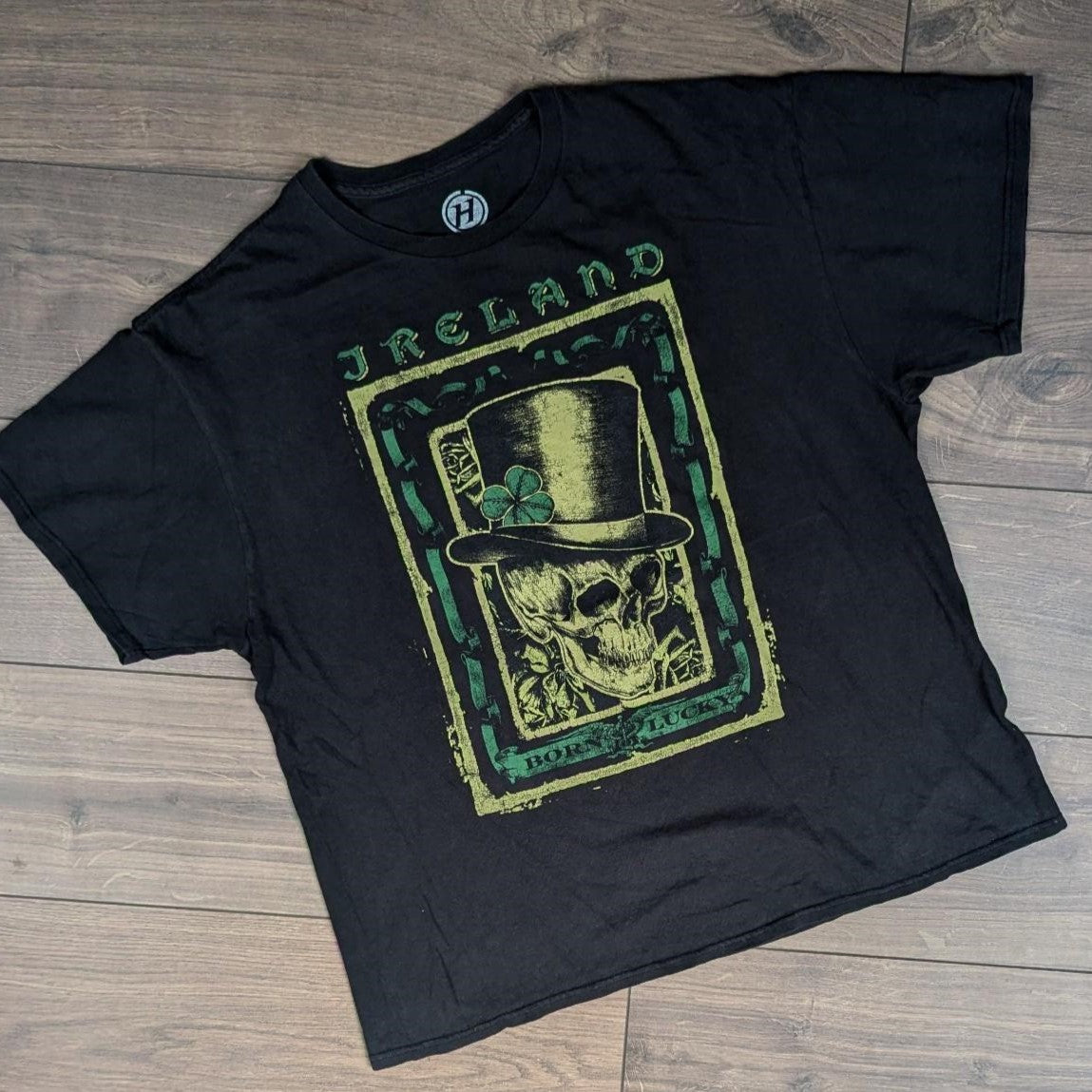 Black Vintage Ireland Born Lucky Graphic Horror Skull T-Shirt Men's XL
