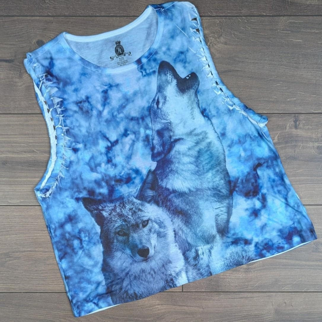 Vintage 00's Y2K Blue Wolf Graphic Tie Dye Vest T-Shirt UK 12-14
