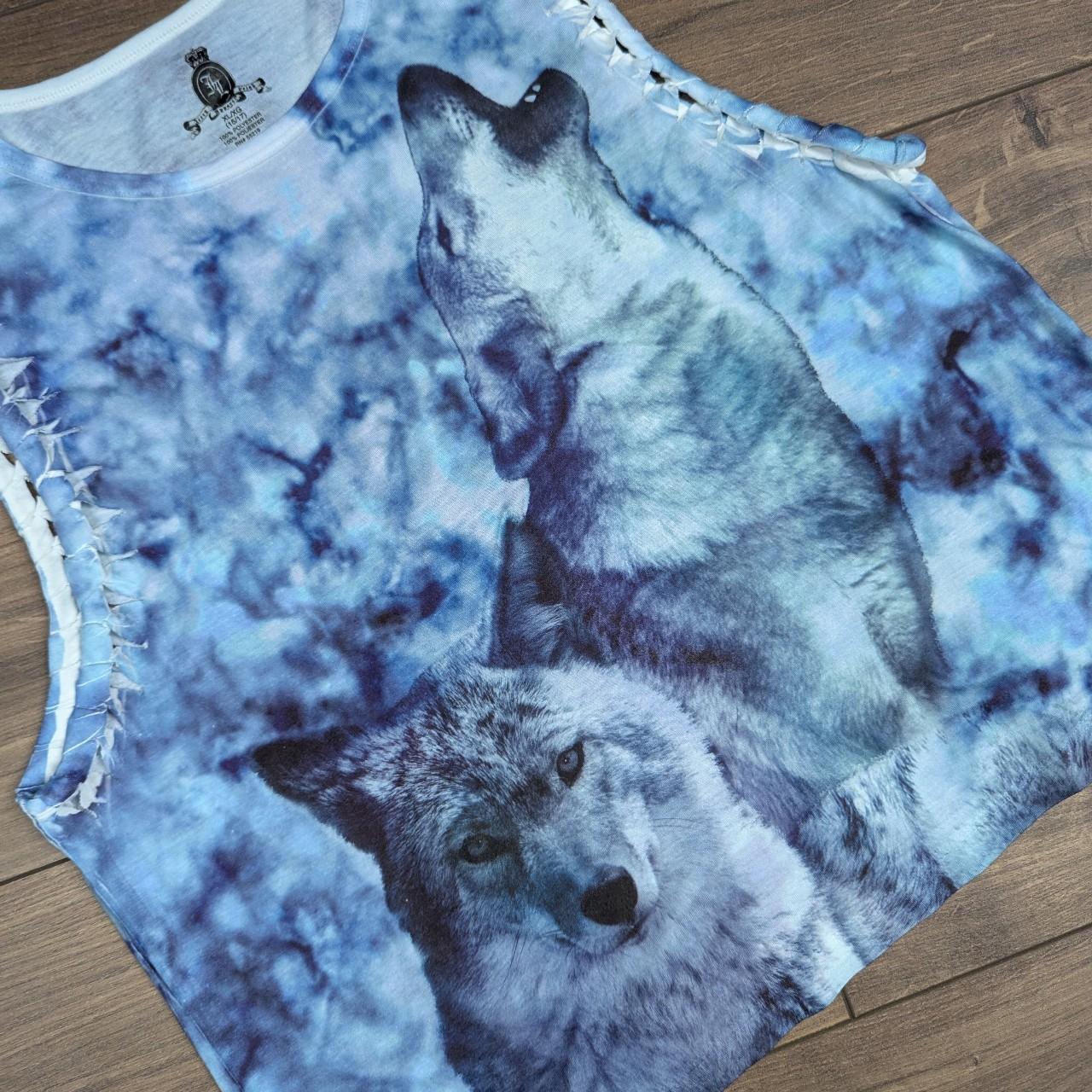 Vintage 00's Y2K Blue Wolf Graphic Tie Dye Vest T-Shirt UK 12-14