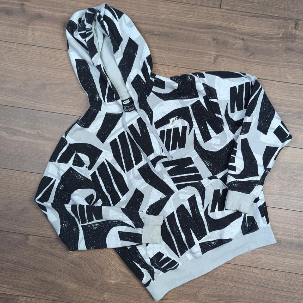 Vintage 00's y2k Black White and Grey Nike Graffiti Pattern Hoodie Men's S