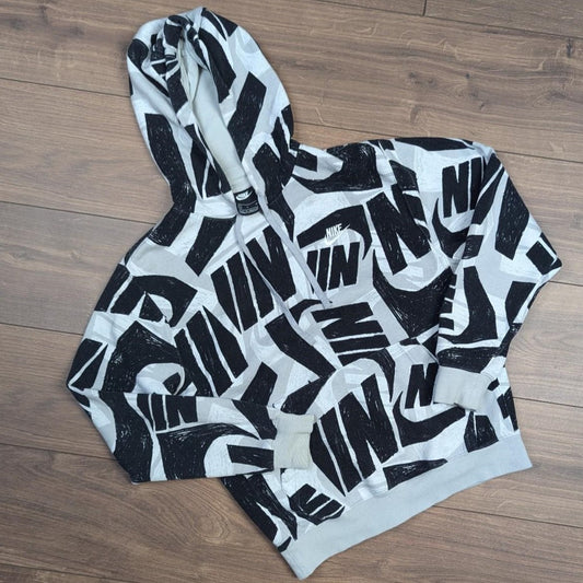 Vintage 00's y2k Black White and Grey Nike Graffiti Pattern Hoodie Men's S