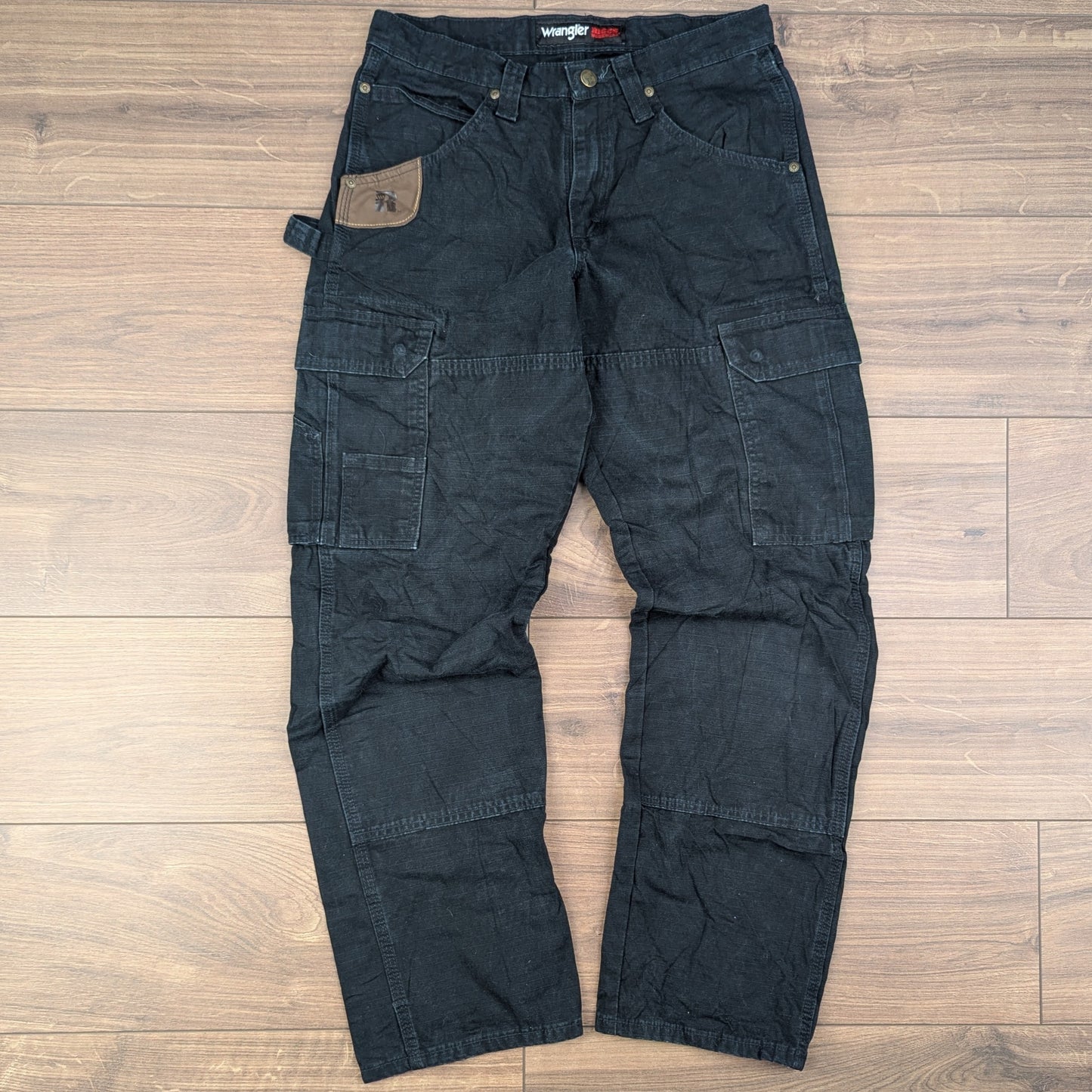 Black Wrangler Riggs Workwear Straight Leg Cargo Carpenter Jeans W30 L32