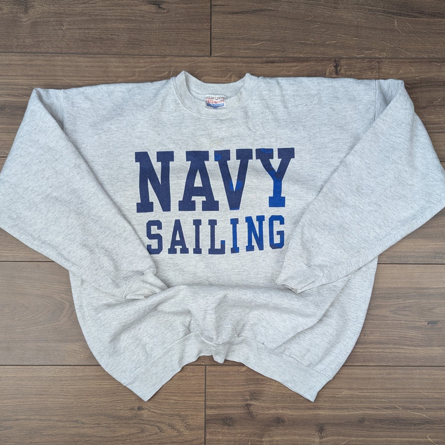Grey Blue Vintage 90's Hanes Navy Sailing USA Sweatshirt Size L