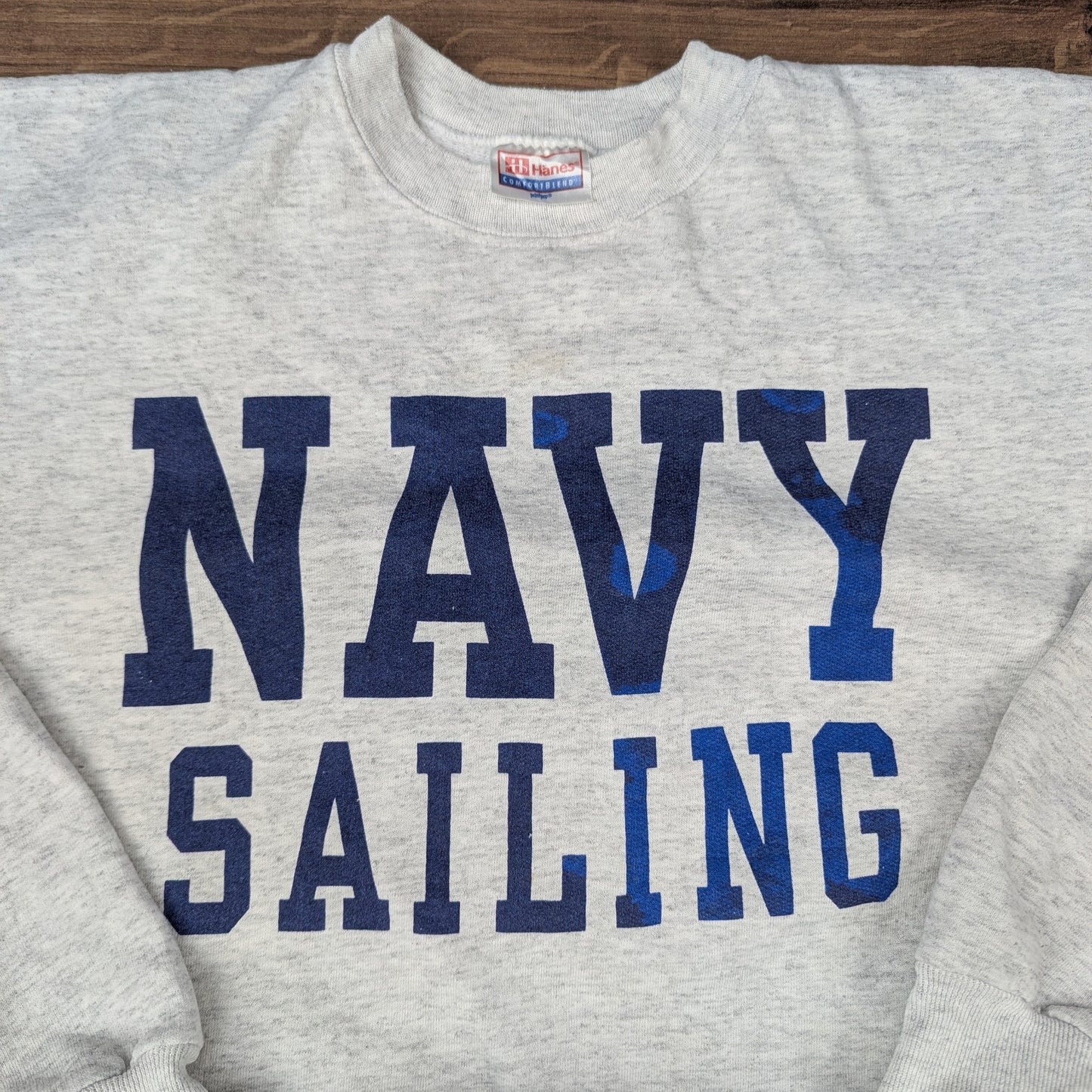 Grey Blue Vintage 90's Hanes Navy Sailing USA Sweatshirt Size L