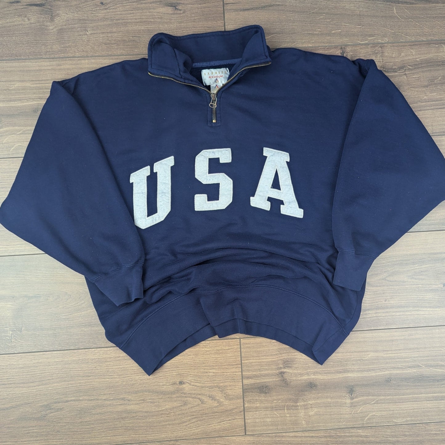 Navy Express Athletique Vintage USA Graphic Quarter Zip Sweatshirt Size M