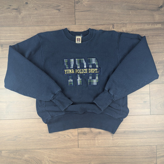 Vintage 90's Yuma Police Dept. Embroidered Tartan Navy Graphic Sweatshirt Size L
