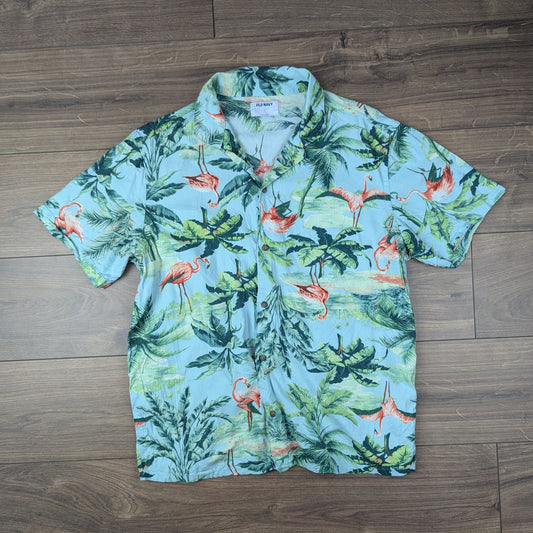 Old Navy Blue Vintage Flamingo Print Hawaiian Pattern Shirt Size L