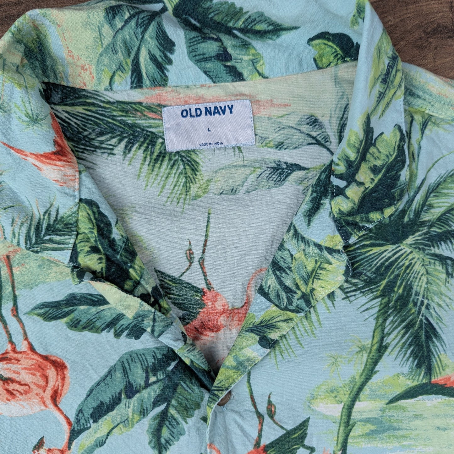 Old Navy Blue Vintage Flamingo Print Hawaiian Pattern Shirt Size L