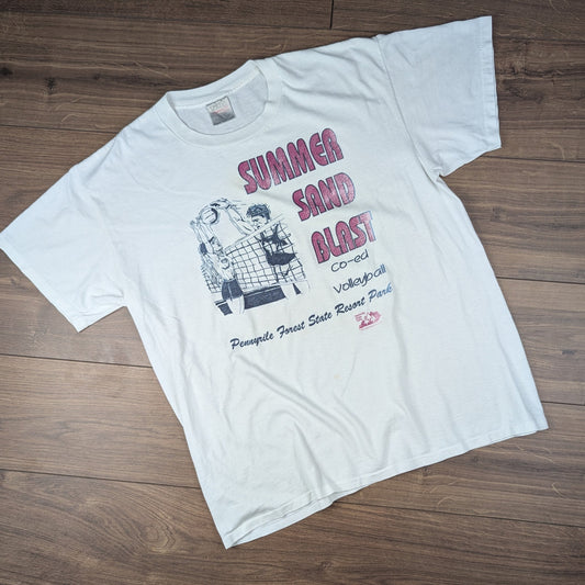 White Vintage 90'S Oneita Summer Sand Blast Volleyball Graphic T-Shirt Size XL