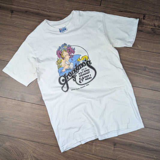 White Vintage 80's Single Stitch Hanes Grandma's Saloon Graphic T-Shirt Size M