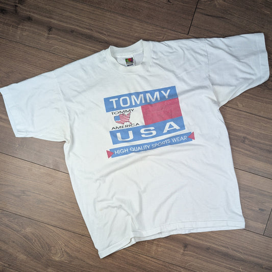White Vintage '90s Single Stitch Tommy USA Fruit of the Loom T-Shirt Size XL
