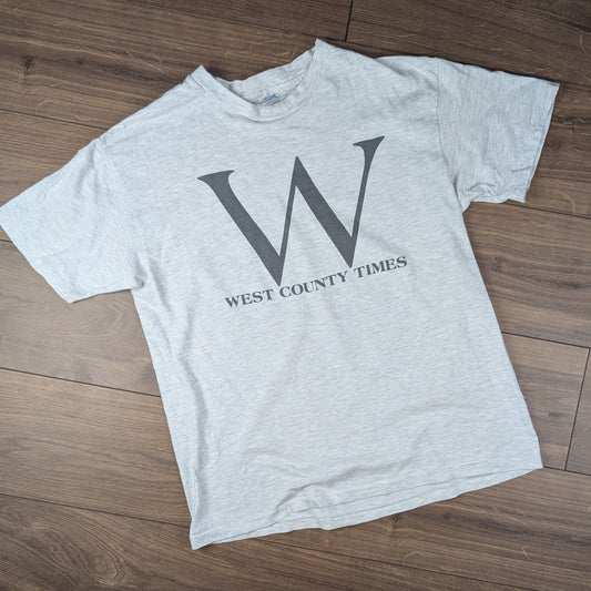Vintage 90's Grey Single Stitch West County Times "W" Graphic T-Shirt Size L