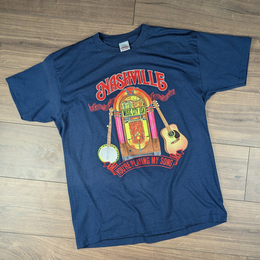 Vintage 80's Single Stitch Blue Nashville Music T-Shirt Made in USA Size XL