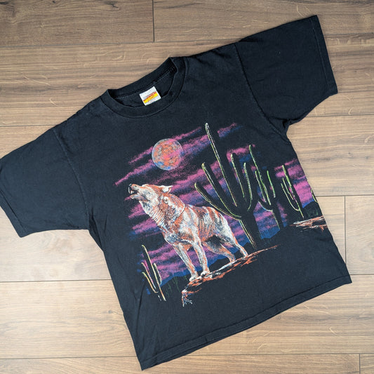 Vintage 90's Single Stitch Black Wolf Cactus Art Graphic T-shirt Size XL