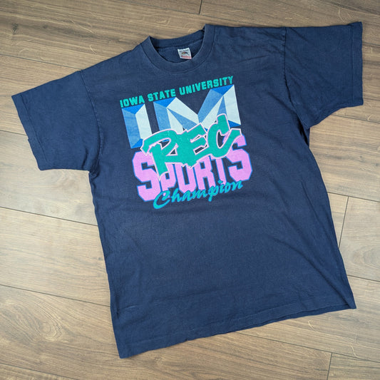 Vintage 90s Single Stitch Blue Iowa Rec Sports Champion Graffiti T-shirt Size XL