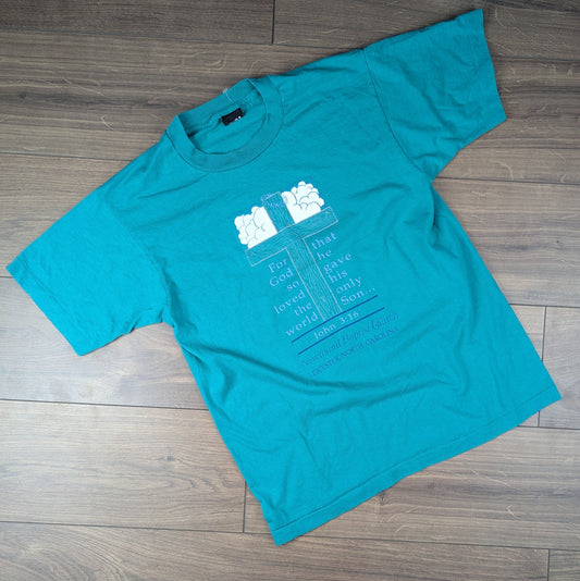 Vintage 90s Single Stitch Green John 3:16 Baptiste Church T-shirt Size L