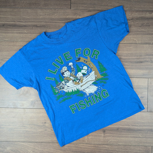 Vintage 80s Single Stitch Blue I Live For Fishing Graphic T-shirt Size M