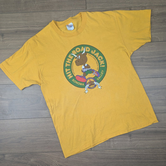Vintage 1996 Single Stitch Yellow Hit the Road Jack Sonoma Valley T-Shirt Size L