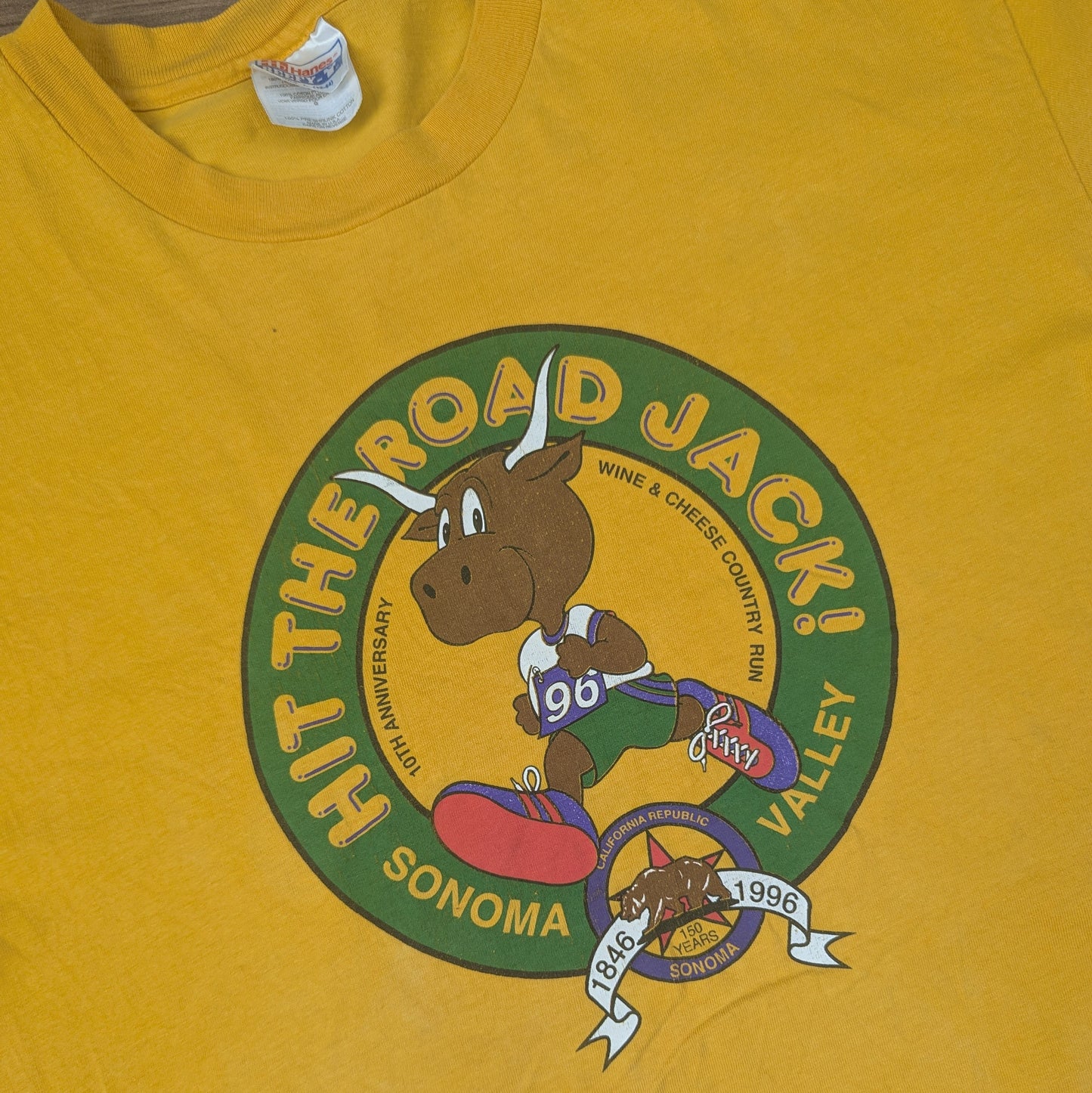 Vintage 1996 Single Stitch Yellow Hit the Road Jack Sonoma Valley T-Shirt Size L