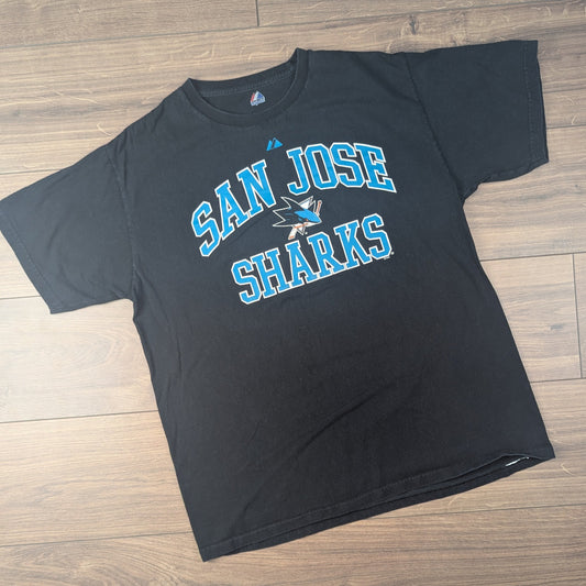 Black Majestic NHL San Jose Sharks Hockey Graphic T-Shirt Size L