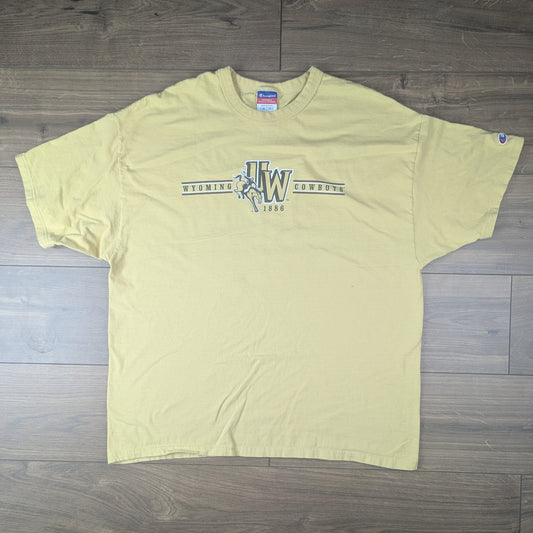 Yellow 00's Vintage Champion Wyoming Cowboys Graphic T-Shirt Size L