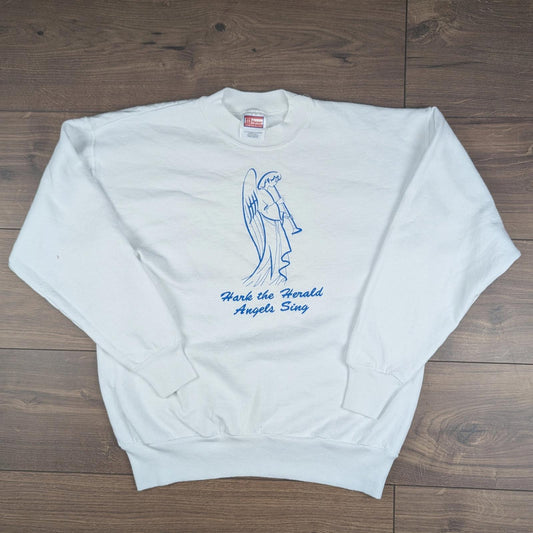 White Vintage 90s Embroidered Angels Christmas Jumper Sweatshirt Size M