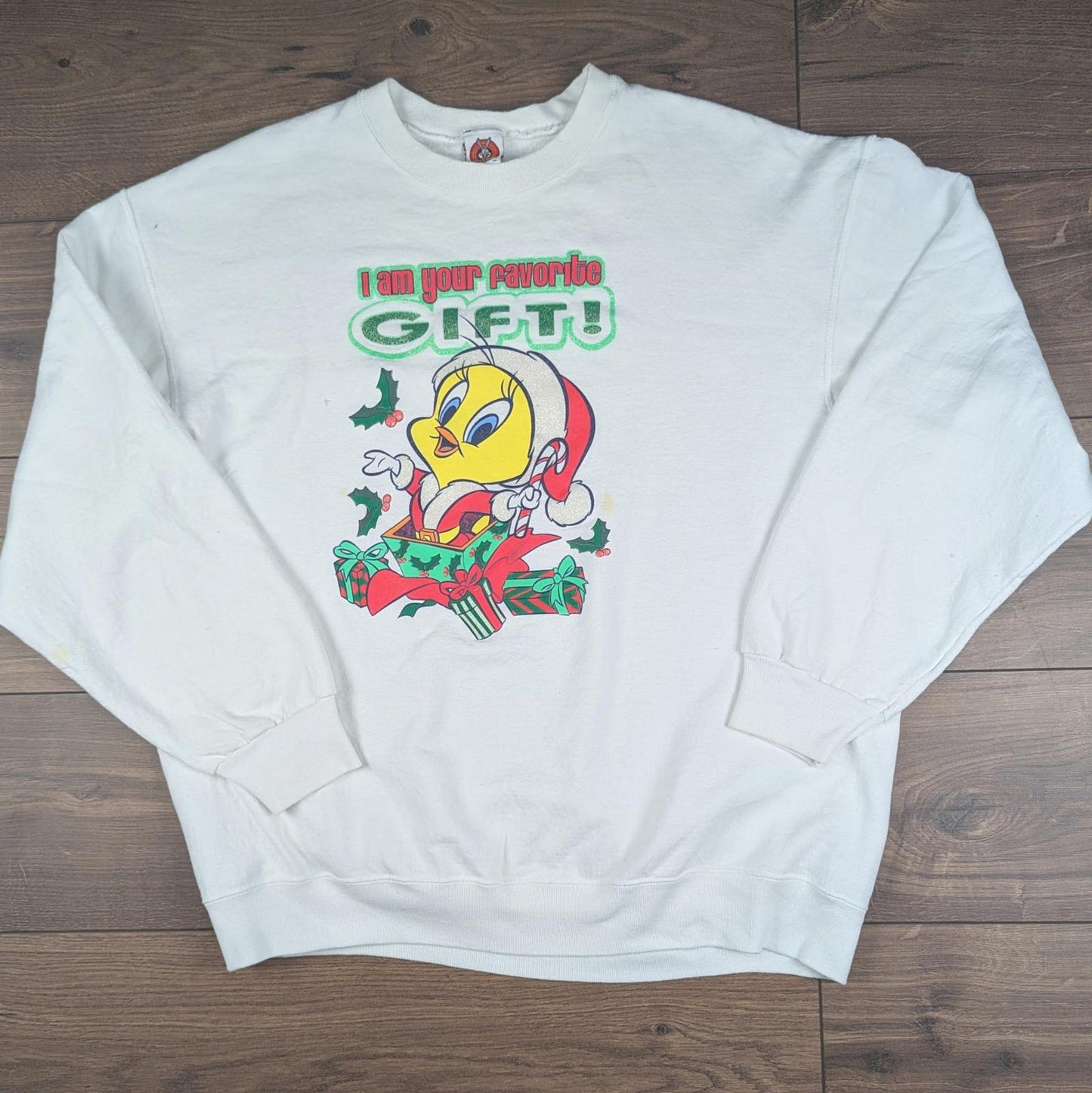 Vintage 00's White Tweety Bird Looney Tunes Christmas Jumper Sweatshirt Size XL