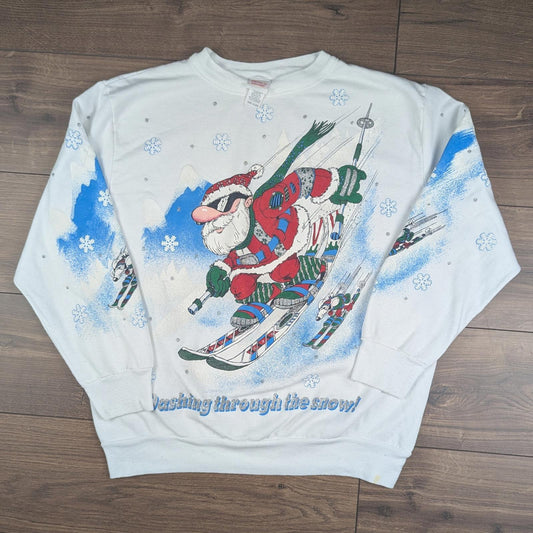 Vintage Skiing Santa White Christmas Jumper Sweatshirt Size XL